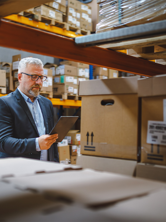 Procure Analytics Portrait 2 man working on tablet in warehouse